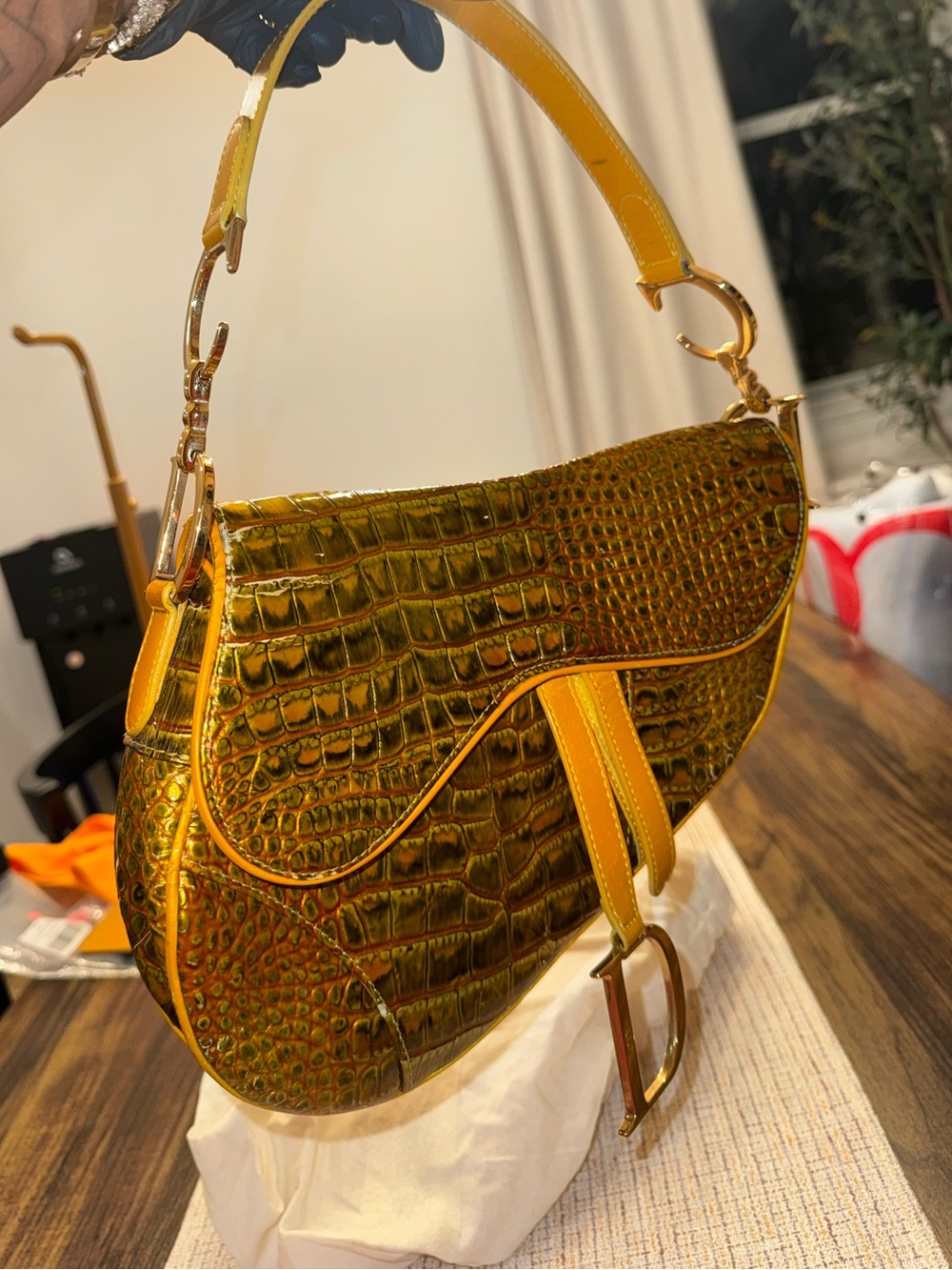 Rare Vintage Dior Saddle Bag with Yellow Croc-Embossed and Gold Hardware - Picture 15 of 16